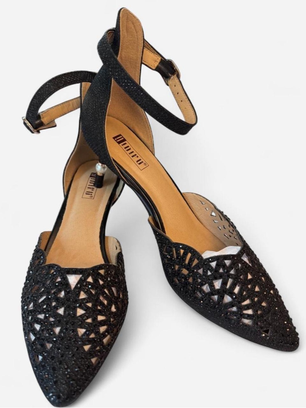 IDIFU Black Rhinestone Pearl Accent Ankle Strap Heels Size 7.5